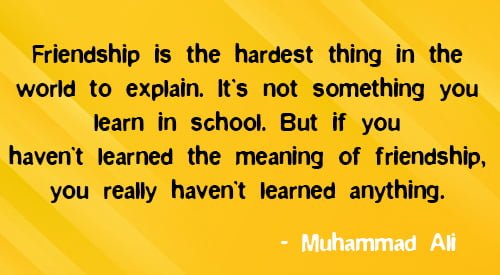 Positive quote about friendship: “Friendship is the hardest thing in the world to explain. It’s not something you learn in school. But if you haven’t learned the meaning of friendship, you really haven’t learned anything.” – Muhammad Ali
