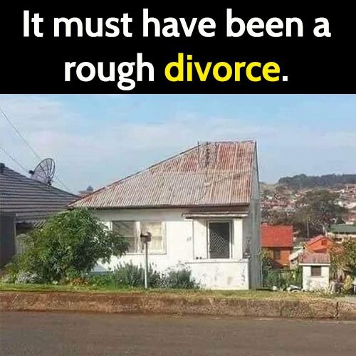funny meme: it must have been a rough divorce, half cut house