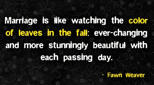 Positive quote about marriage: "Marriage is like watching the color of leaves in the fall: ever-changing and more stunningly beautiful with each passing day." - Fawn Weaver