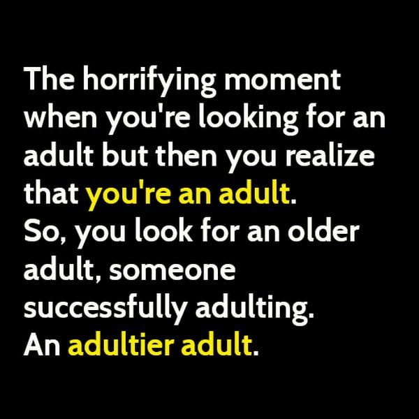 Funny meme: The horrifying moment when you're looking for an adult but then you realize that you're an adult.