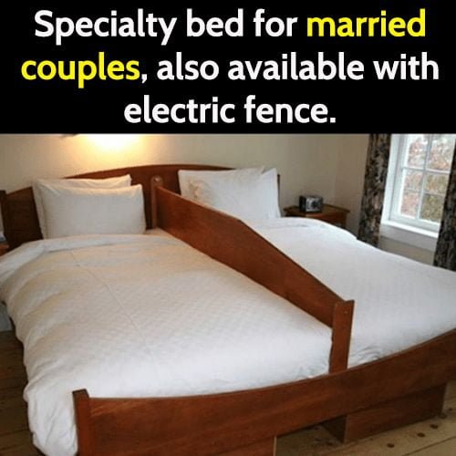 funny meme: specialty bed for married couples, also available with electric fence.