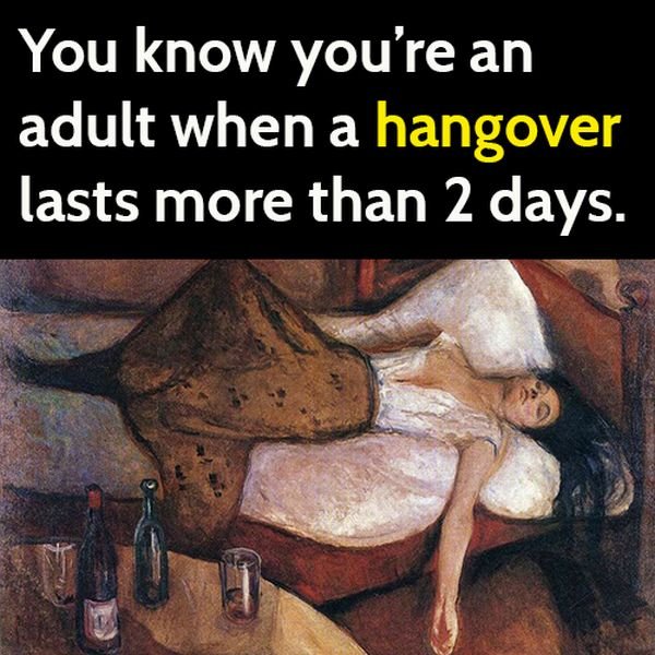 Funny meme: adult hangovers last more than 2 days.