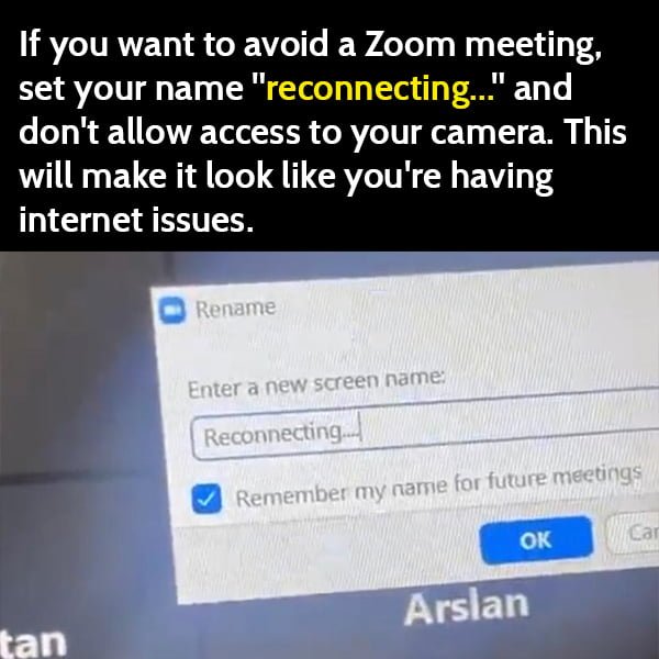 life hack: avoiding a zoom meeting rename your user reconnecting