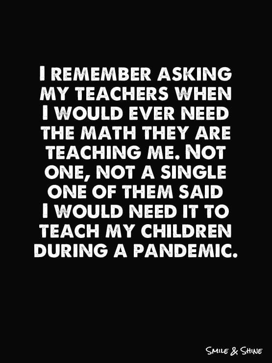 Funny homeschooling memes: I remember asking my teachers when I would ener need the math they are teaching me. Not one, not a single one of them said I would need it to teach my children during a pandemic.