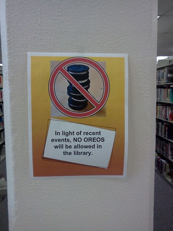 Funny sign: no ores allowed in the library