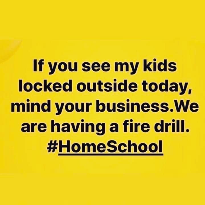 Funny homeschooling memes: If you see my kids locked outside today, mind your own business. we are having a fire drill.