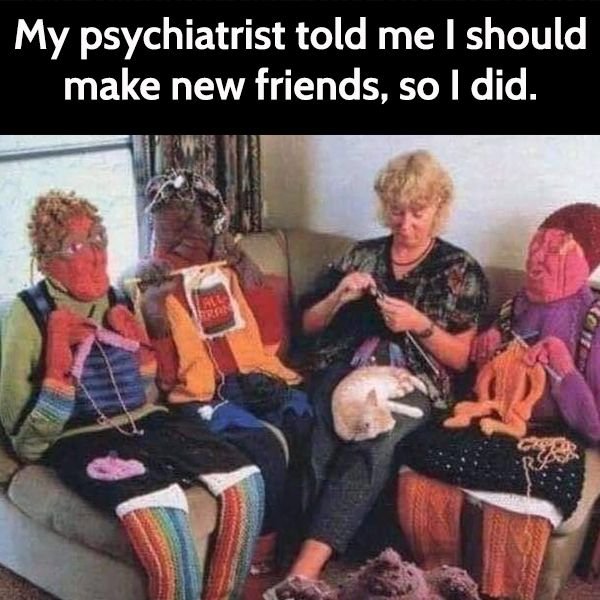 Funny meme: my psychiatrist told me I should make new friends, so I did.