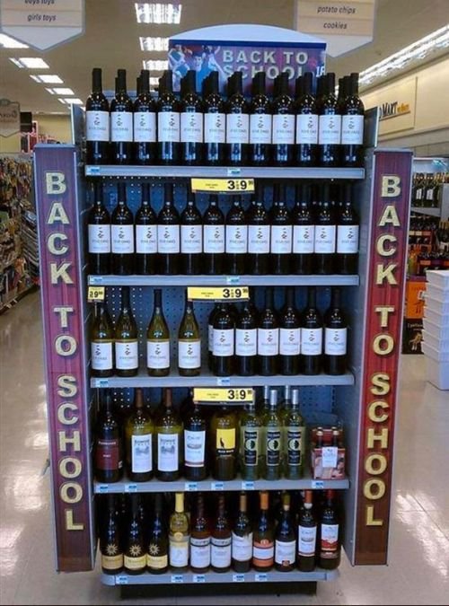 Funny supermarket fail hilarious product misplacement: wine back to school