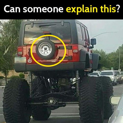 Funny meme: Can someone explain this? Big jeep, small wheel.