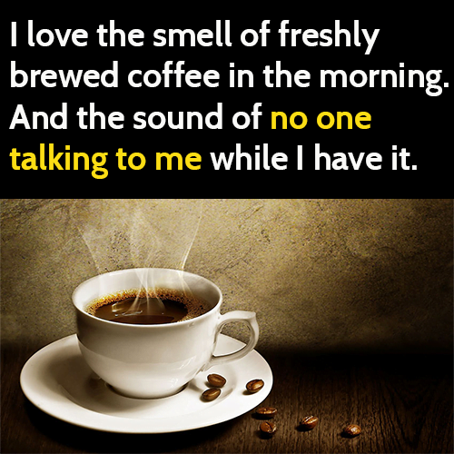 Funny coffee meme: I love the smell of freshly brewed coffee in the morning. And the sound of no one talking to me while I have it.