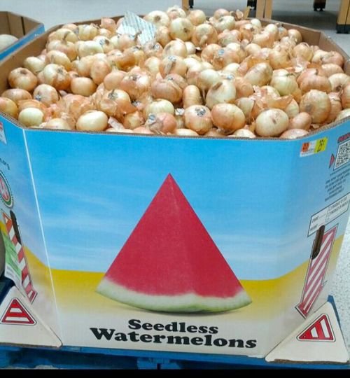 Funny supermarket fail hilarious product misplacement: onion seedless watermelon