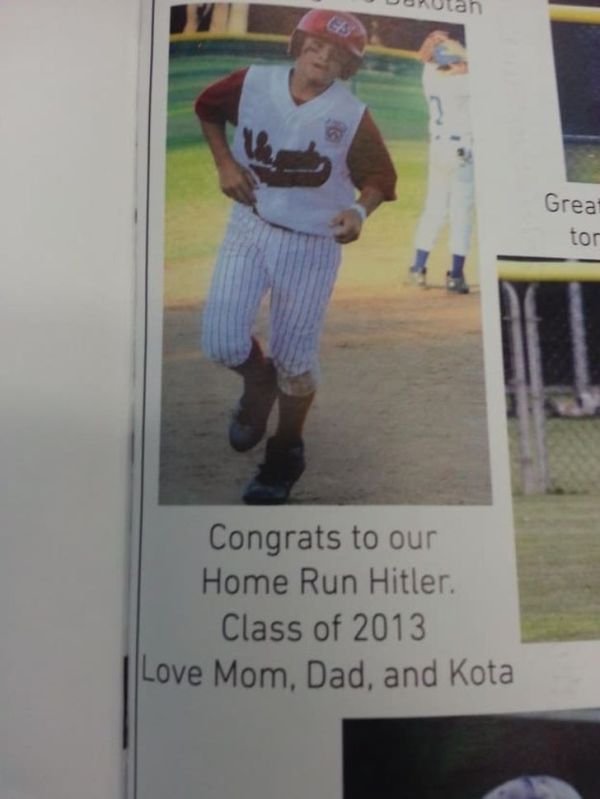 Funny grammar and spelling mistakes: congrats to our home run hitler