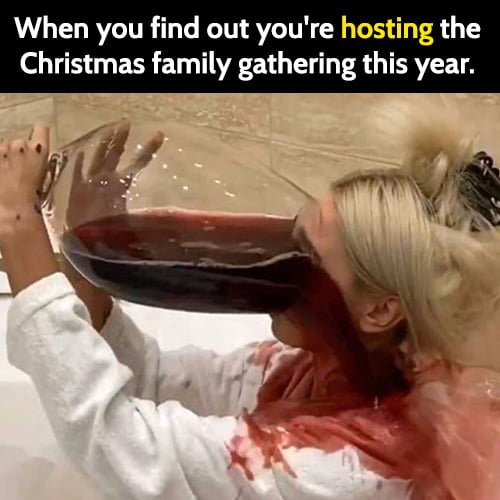 Hilarious meme: wine funny meme, when you fin out you're hosting the Christmas family gathering this year.