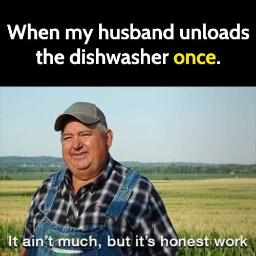 Funny marriage meme joke about married life: When my husband unloads the dishwasher once.
