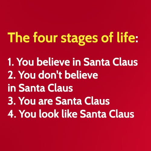 Funny Santa meme Christmas: The four stages of life: You believe in Santa Claus, You don't believe in Santa Claus, You are Santa Claus, You look like Santa Claus.