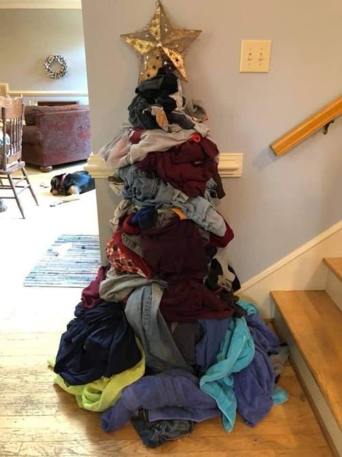 Funny Christmas tree dirty laundry pile of clothes