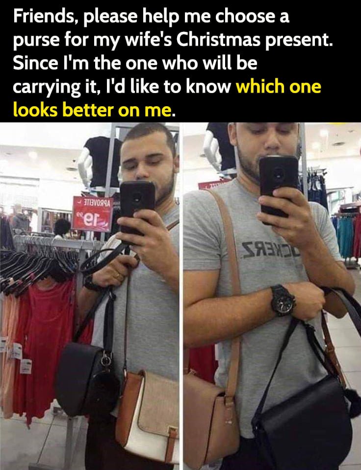 Funny hilarious meme: Help me buy a purse for my wife.