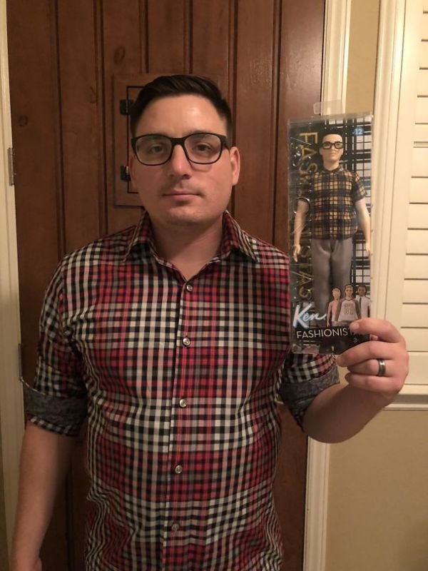 Funny hilarious coincidence men named ken buys doll looking like him