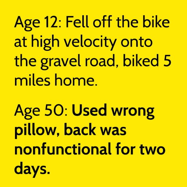 Age 12: Fell off the bike at high velocity onto the gravel road, biked 5 miles home. Age 50: Used wrong pillow, back was nonfunctional for two days.