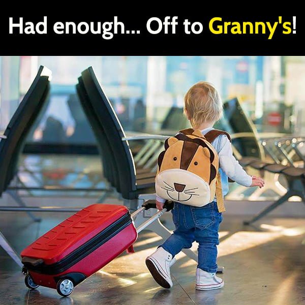 Funny meme child packs his suitcase. Had enough... Off to Granny's!
