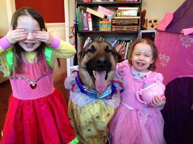Cute kids and their pets: girls dress dog as princess