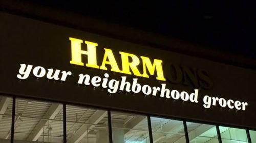 Unfortunate Neon Sign Funny Fail Harm your neighborhood grocer