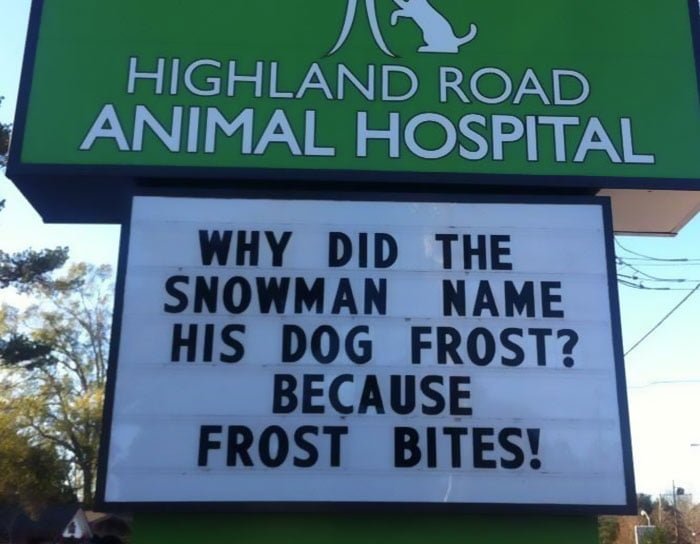 Funny Vet Sign Veterinary Clinic Humor Animal Hospital Joke WHY DID THE SNOWMAN NAME HIS DOG FROST? BECAUSE FROST BITES!