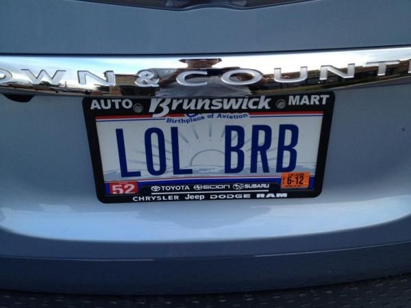 Funny Vanity Creative License Plate Idea LOL BRB