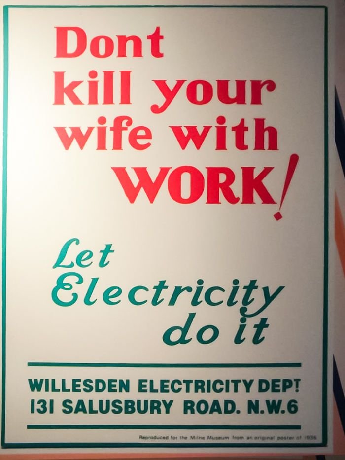 Funny Confusing Sign Don't kill your wife with work! Let electricity do it!