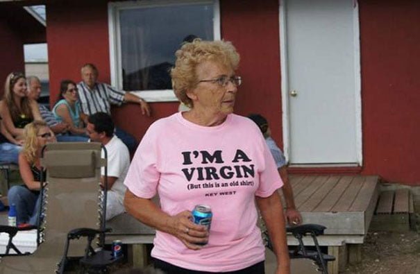 Funny T-Shirt Message old lady wearing I'm a virgin shirt