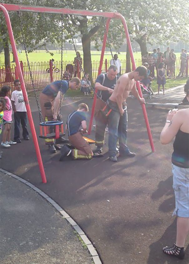 Funny man got stuck in the children playground