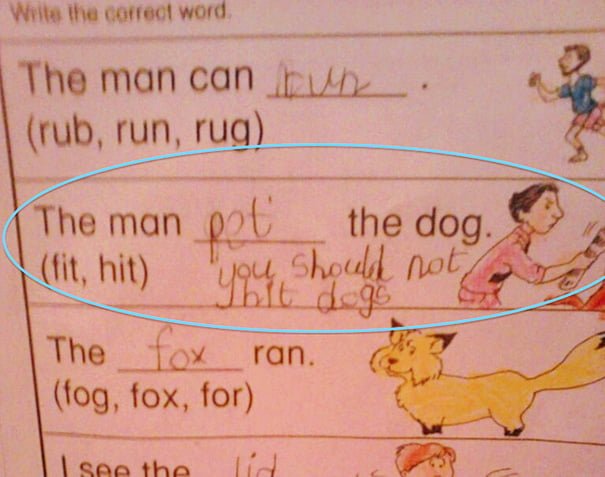 Funny Kids Test Answer pet the dog you should not hit the dog