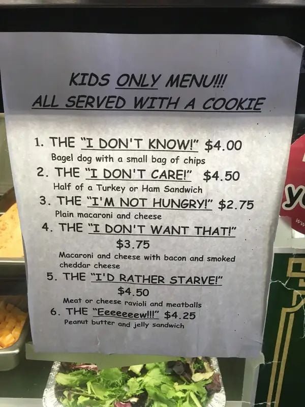 Funny Restaurant Kids Menu
