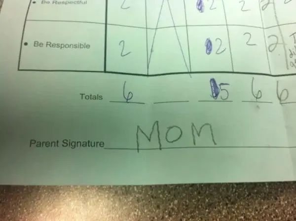 Funny Kids Test Answer parent signature Mom