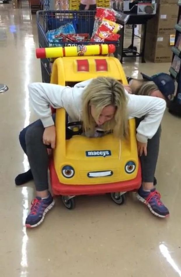 Funny woman got stuck in the children car