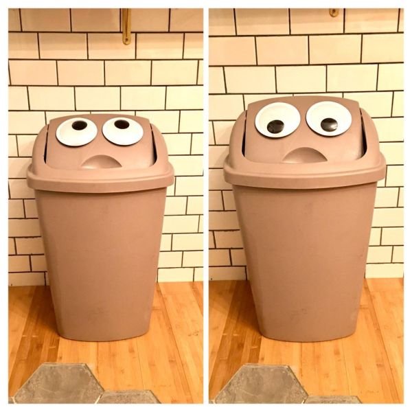 funny googly eyes on garbage can