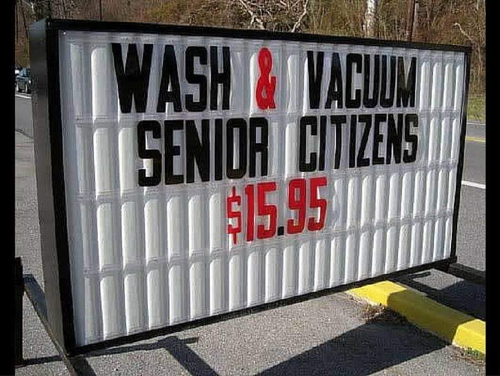 Funny Sign wash and vacuum senior citizens
