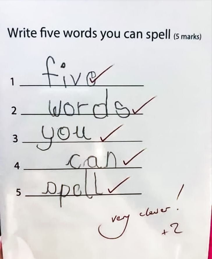 Funny Kids Test Answer write five words you can spell