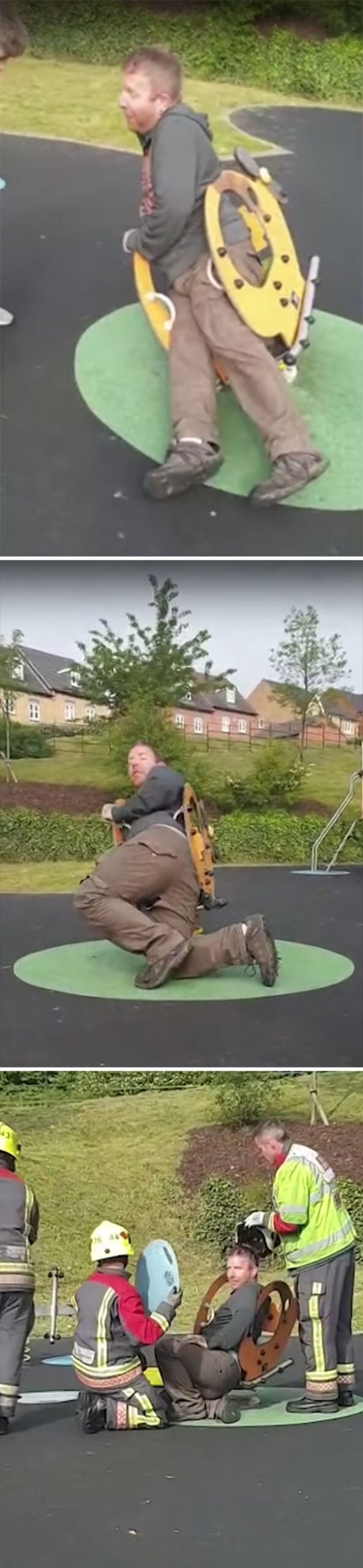 Funny man got stuck in the children playground