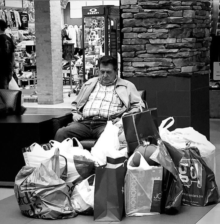 Funny Husband Waits For Shopping Wife At The Mall