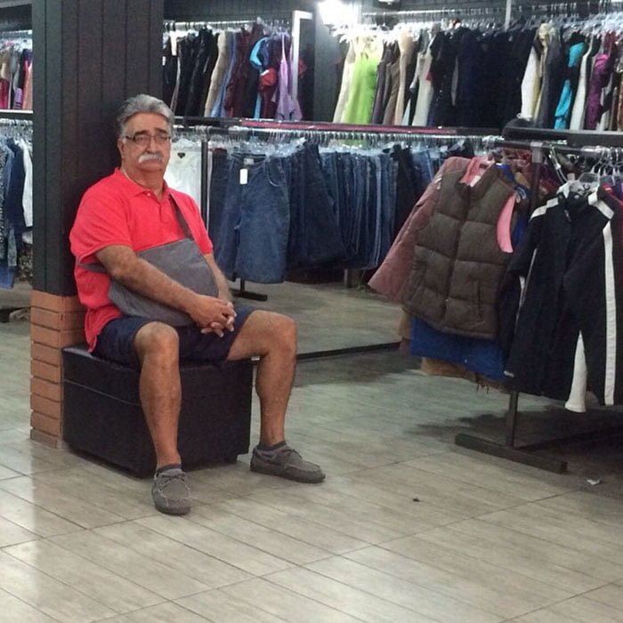 Funny Husband Waits For Shopping Wife At The Mall