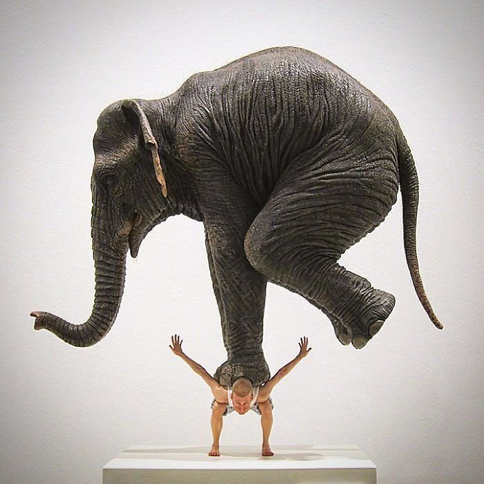 Statues Defying Gravity elephant on man