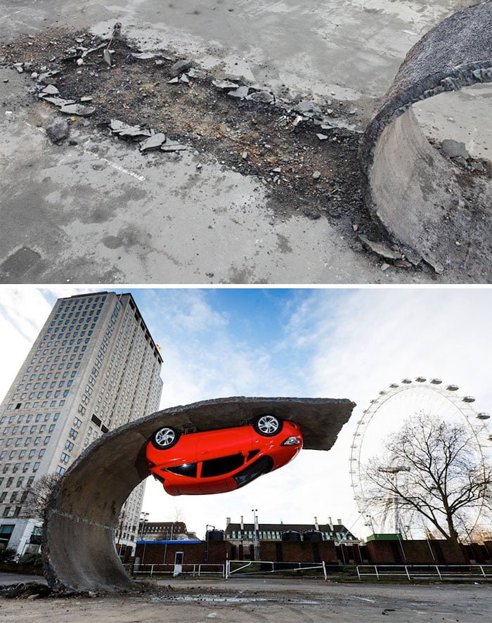 Statues Defying Gravity upside down car