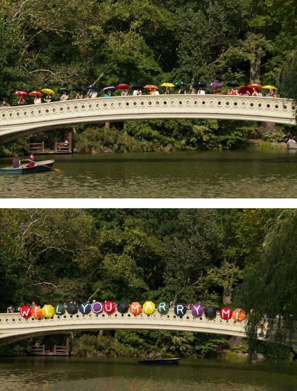 Creative proposal umbrellas on a bridge