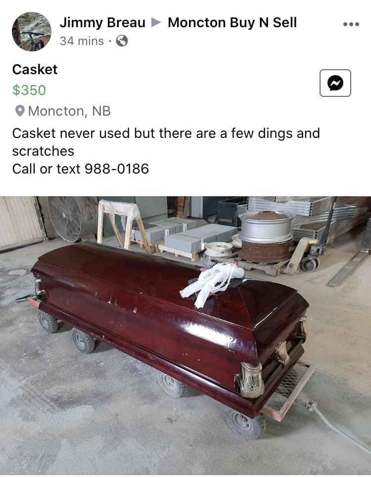 funny marketplace item for sale coffin with scratches