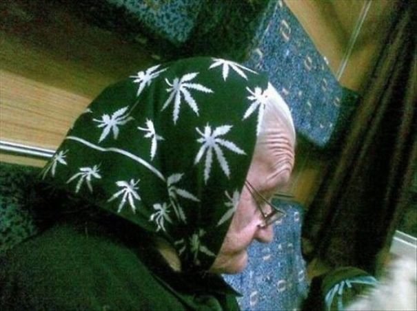people have no idea they are wearing inappropriate clothes old lady wears marijuana cannabis leaves kerchief