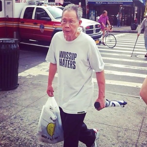 people have no idea they are wearing inappropriate clothes old man wear wassup haters t-shirt