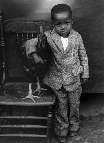 old black and white photo of child and rooster