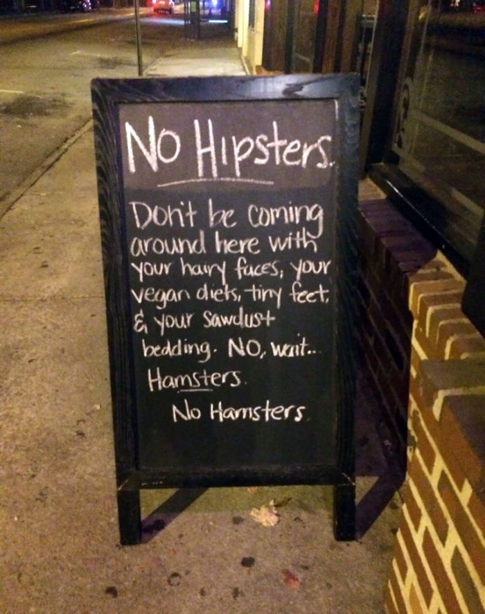 funny bar no hipsters sign