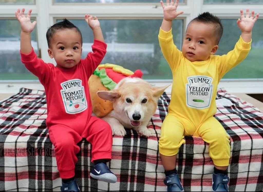 funny kids Halloween twins costume ketchup and mustard